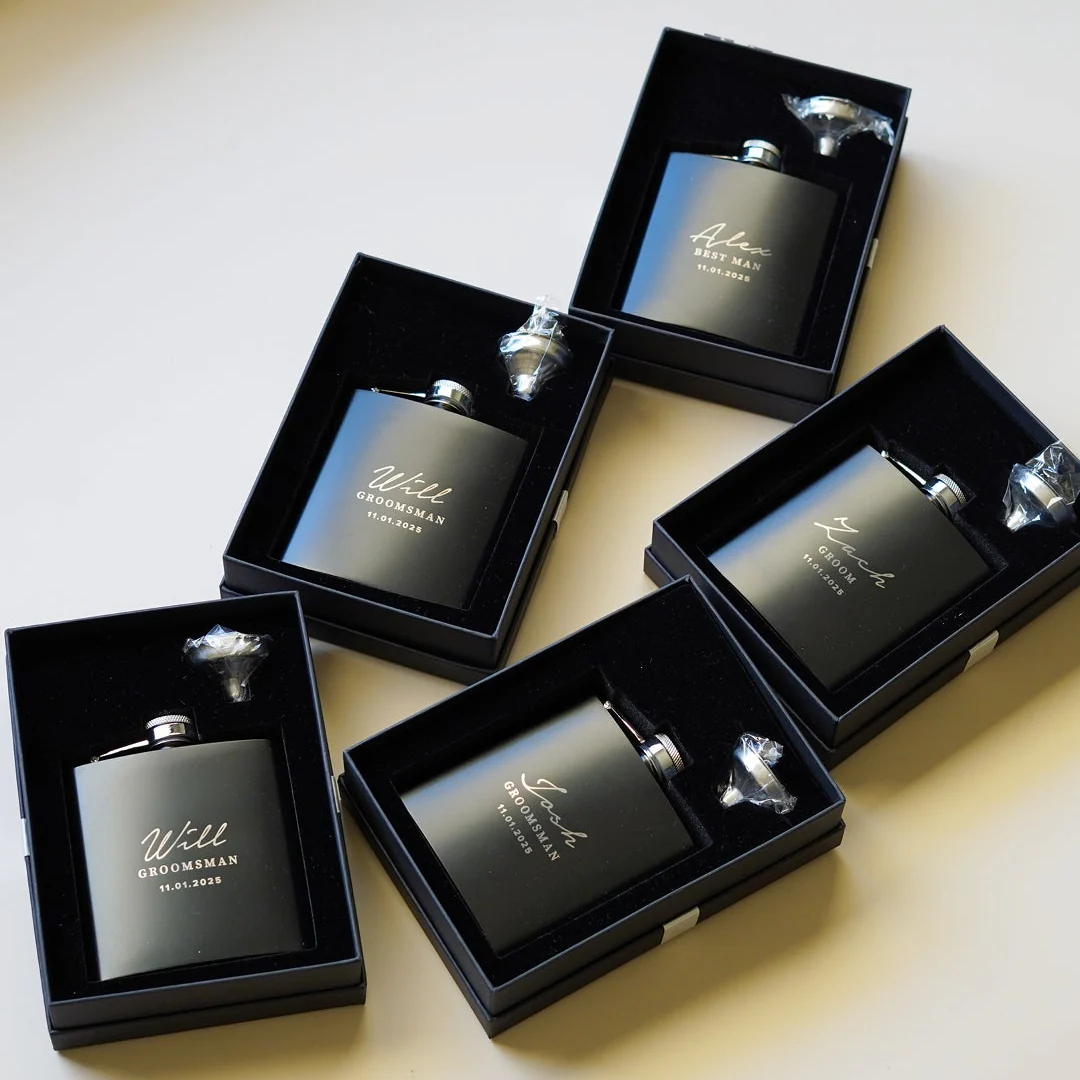 Engravd 5 x Hip Flask sets - Name/Title/Date - Image 2