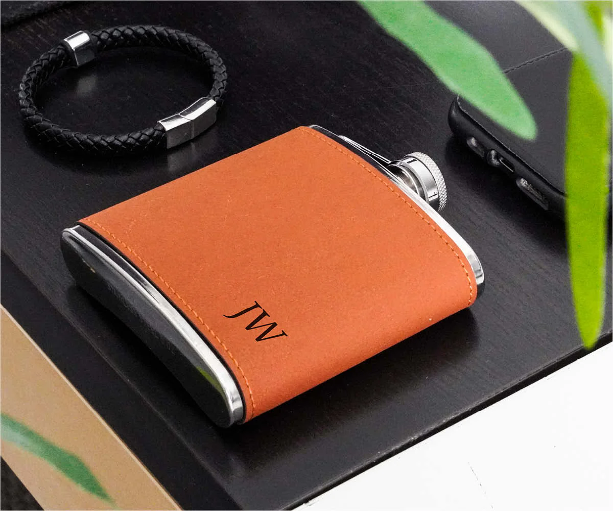 Engravd Brown Leatherette Hip Flask - Personalised Initials - Image 3